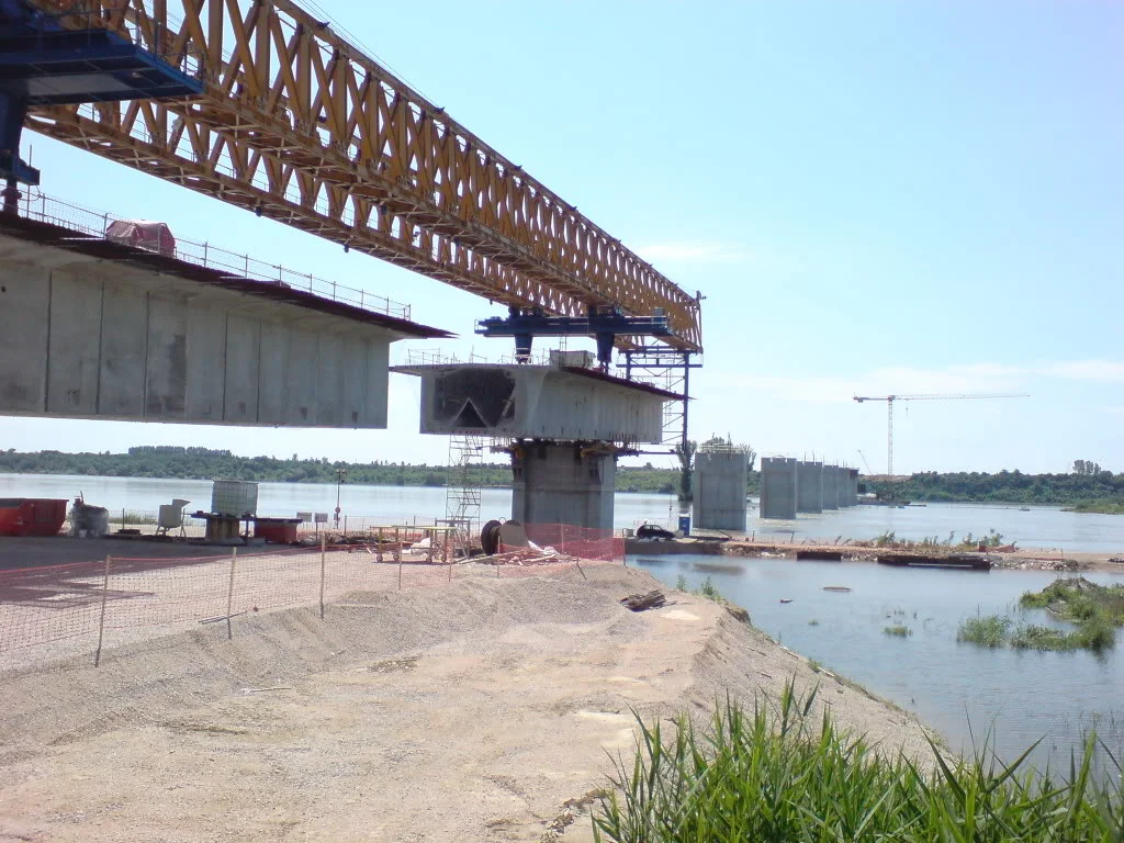 Danube Bridge 2 from Vidin to Calafat under construction, as seen in June 2010. View from the Bulgarian river bank towards the small island in the non-navigable channel of the river