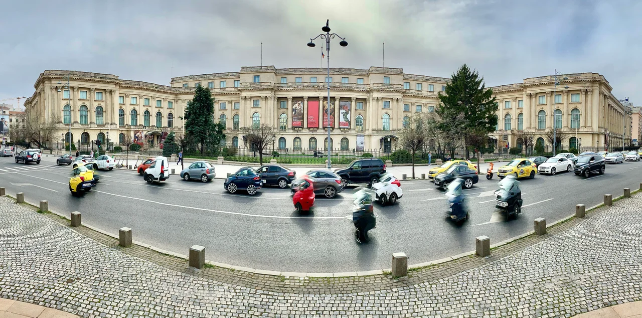 Panorama with the façade of the Royal Palace in Bucharest (Romania), now the National Museum of Art of Romania
