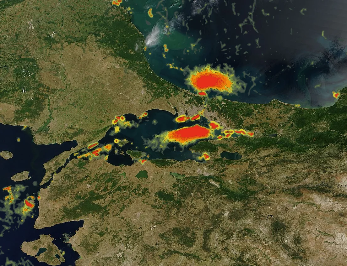 Heat map of marine traffic activity near Istanbul in 2017. Vessels parked waiting to pass the Istanbul Strait
