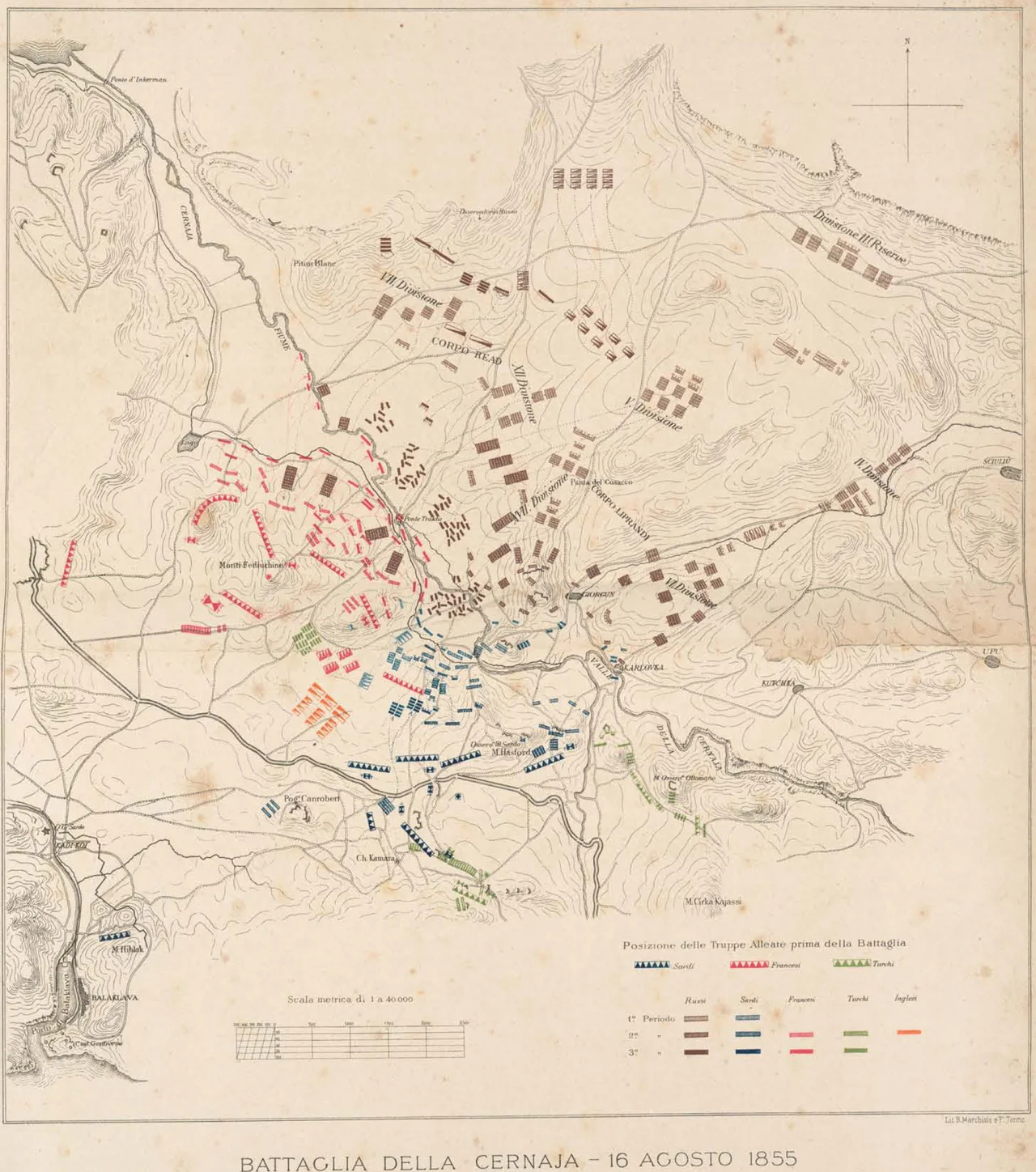 Battle of the Chernaya, the forces at the beginning of the battle and the Russian advance.