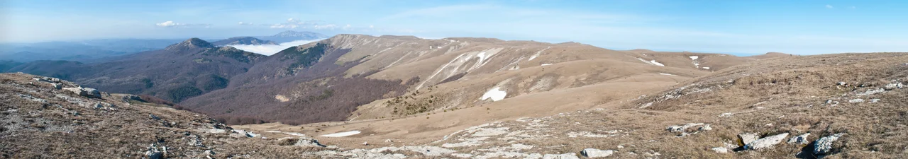 Горгани, Довбушанка (перші дві зліва засніжені вершини на горизонті). Фото, ймовірно, зроблене з Явірника (хребет)