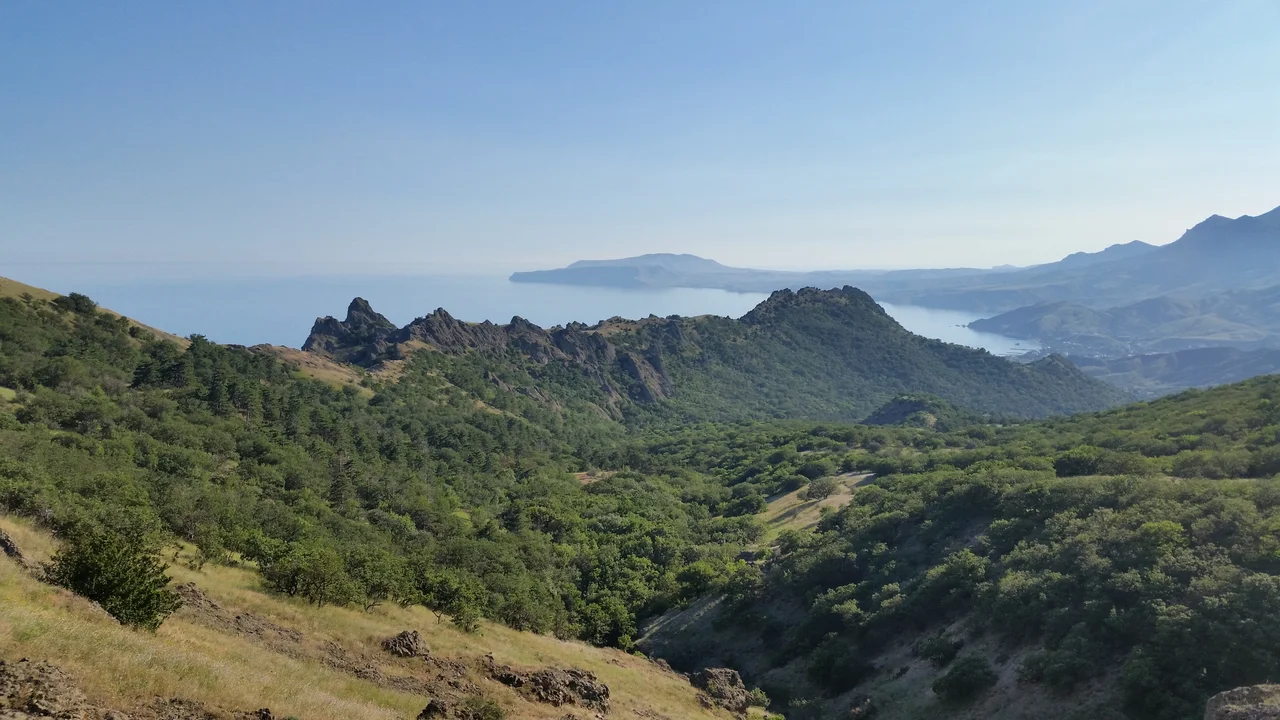 Kara Dag, Karadag, Crimea, a volcanic rock formation rich in picturesque cliffs.