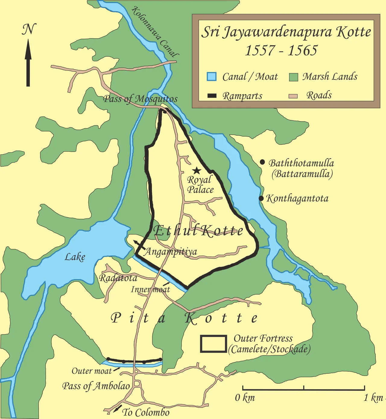 Map of Sri Jayawardenapura Kotte and its defenses from 1557 - 1565. Map based on following sources;
- Map of Sri Jayawardenapura Kotte by historian Douglas D. Ranasinghe.
-Details in “Fernao de Queyroz. The temporal and spiritual conquest of Ceylon. AES reprint. New Delhi: Asian Educational Services; 1995. ISBN 81-206-0765-1”
-Map of Jayawardenapura Kotte and environ “Paul E.Peiris. Ceylon the Portuguese Era: being a history of the island for the period, 1505-1658 - Volume 1. Tisara Publishers Ltd:Sri Lanka; 1992. p 142-143”