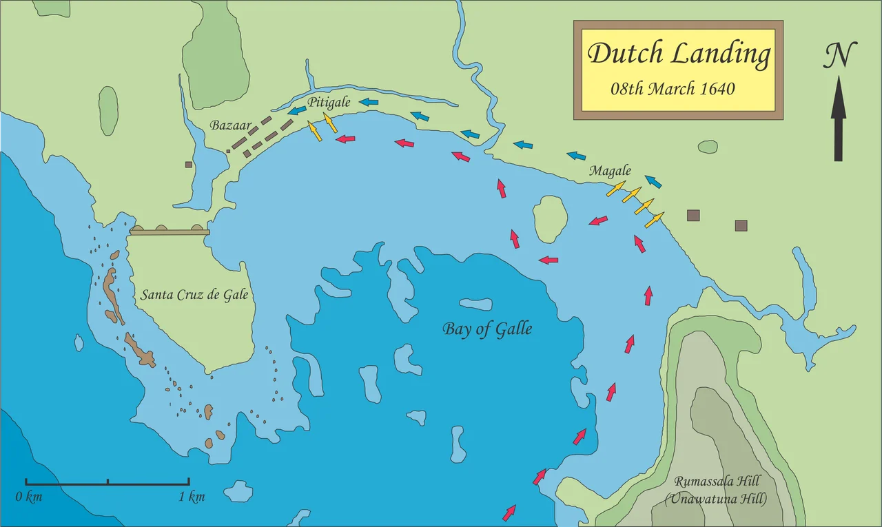 Map showing the landing sites of Dutch troops on 08th March 1640, during the Siege of Portuguese fort Santa Cruz de Gale at Galle. Red arrows show the route taken by the launches while the blue arrows show the advance of Dutch infantry. Launches landed the troops at Magale and unloaded the siege artillery at Pitigale.
Map based on details in,

Fernao de Queyroz. The temporal and spiritual conquest of Ceylon [SG Perera, Trans]. AES reprint. New Delhi: Asian Educational Services; 1995. p830-831 ISBN 81-206-0767-8
Paul E.Peiris. Ceylon the Portuguese Era: being a history of the island for the period, 1505-1658 - Volume 2. Tisara Publishers Ltd:Sri Lanka; 1992. p271 OCLC:   12552979.