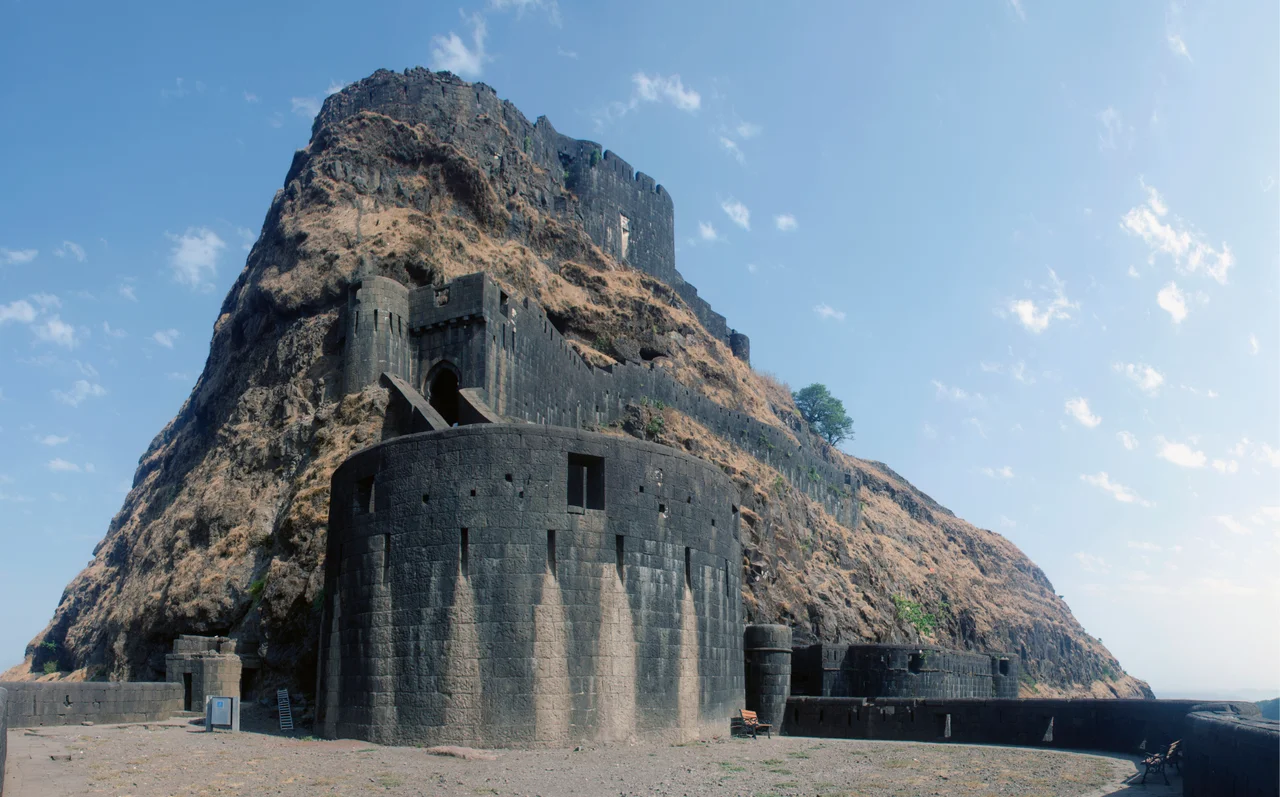Panoramic view of the bastions of Lohagad Fort