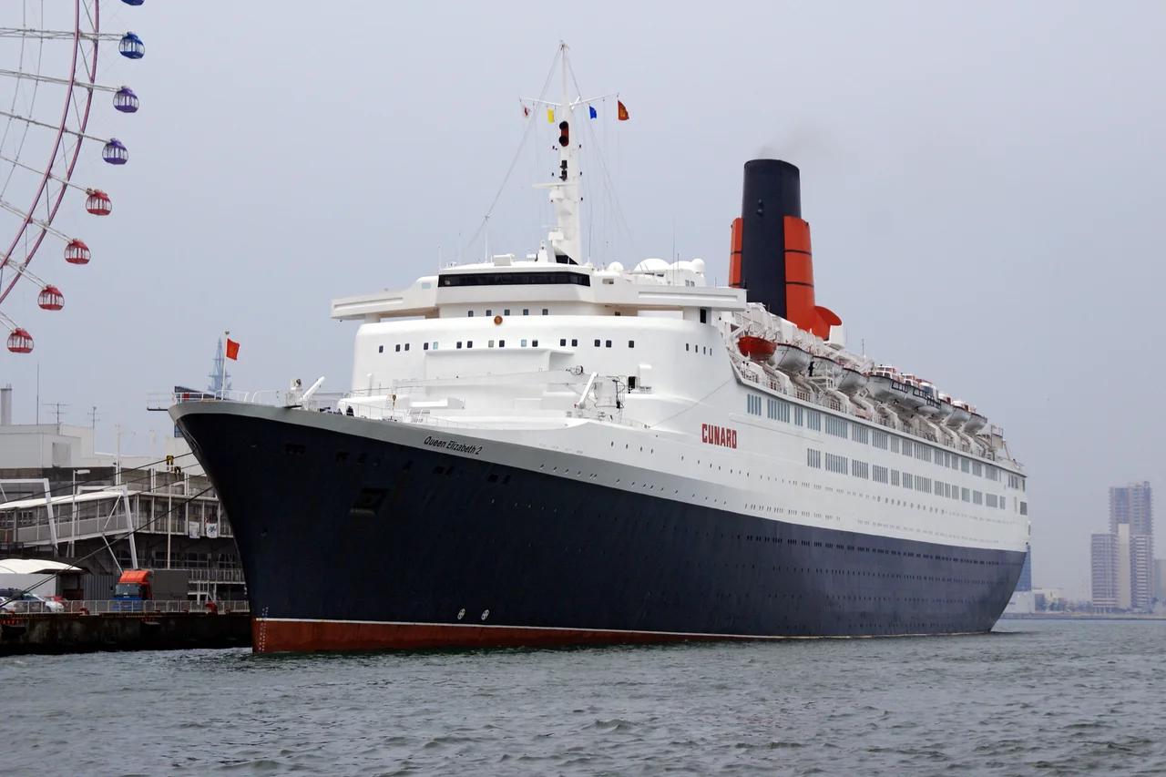 RMS Queen Elizabeth 2 at Tenpozan Wharf of the Osaka harbor, Osaka, Osaka prefecture, Japan