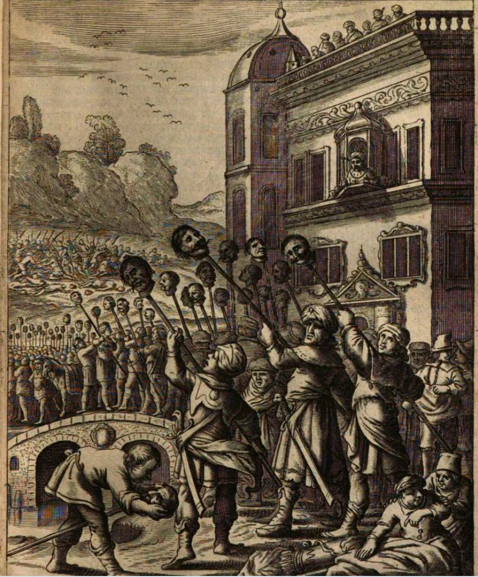 "The subject of the first miniature of Şehnāme-i Nādirī is Ḫalīl Paşa and his army plundering and destroying the city of Tabriz (Fig. 1).147 Ḫalīl Paşa is visible at the center of the right side of this double folio miniature, as the most prominent figure. In the pages that come immediately before the illustrated folios, Nādirī describes: "As the doomsday arrived and destroyed the city, Domes fell on the ground like stars, Gold and marine settled on the earth, Stars and pieces of planets fell down." In the left-hand-side folio, the miniature follows the text very closely. A mosque with a dome and two minarets are depicted in “gold and marine,” as stated in the verse." The Sultan and his commanders: representations of ideal leadership in the Şehname-i Nadiri, By özlem yıldız, pp.37-38