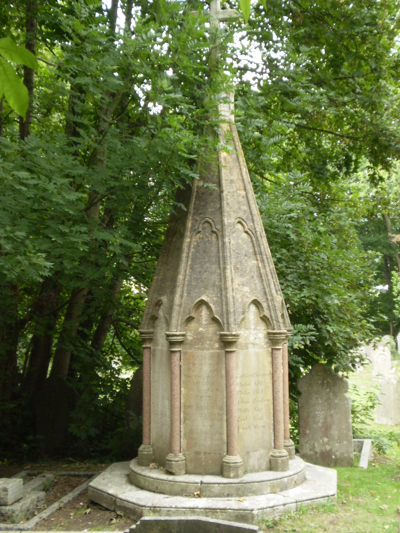Russian Memorial, St John sub Castro, Lewes, East Sussex, England. Obelisk in a neo-Gothic style erected in 1877 at behest of Tsar Alexander II in memory of Finnish soldiers of the Russian Army during the Crimean War who died as prisoners of war in Lewes. Listed at Grade II by English Heritage (IoE Code 292975)