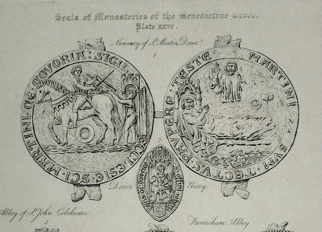 Engravings of seals of St Martin's Priory and Nunnery at Dover, Kent, England. The engraver is John Coney, architectural draughtsman and etcher.

Note: the titles along the bottom of the image do not refer to the seals in the picture (the bottom section of the picture has been cut off).