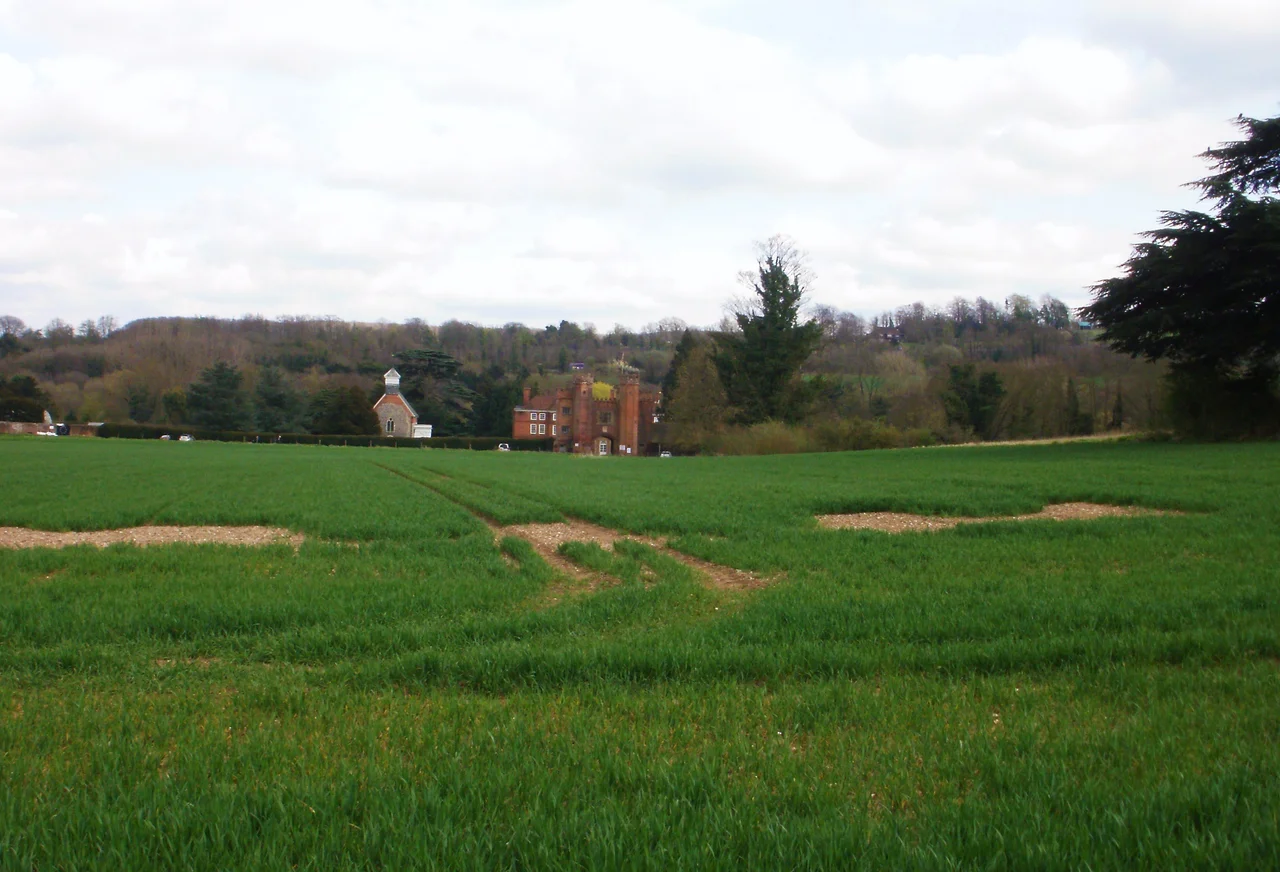 The landscape context of Lullingstone Castle within the Darent Valley in the village of Eynesford in western Kent, southeastern England.