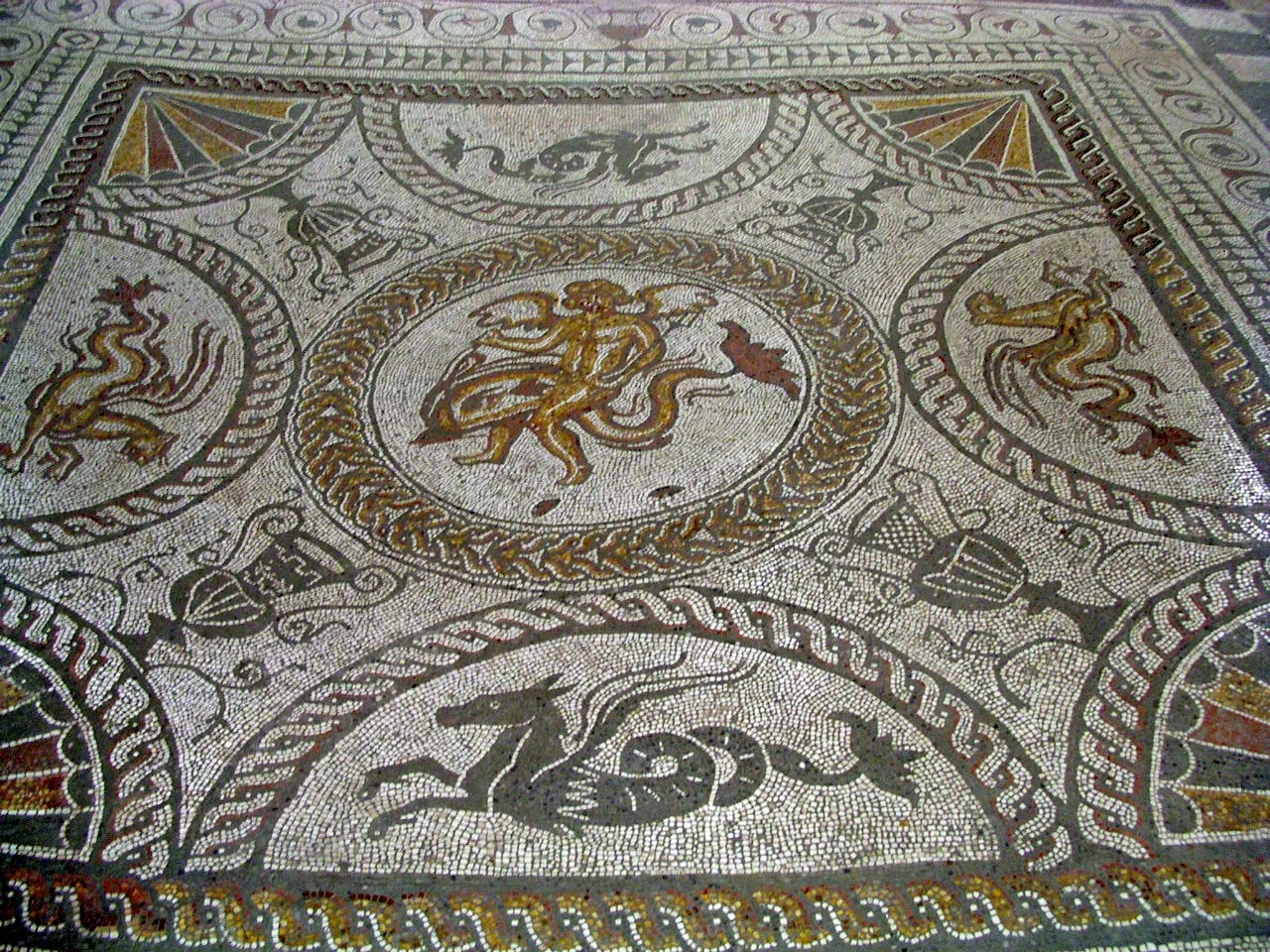 Dolphin Mosaic Fishbourne Palace, apparently similar to that described upon discovery of the 'pavement' at Wanstead Roman Villa in 1715,