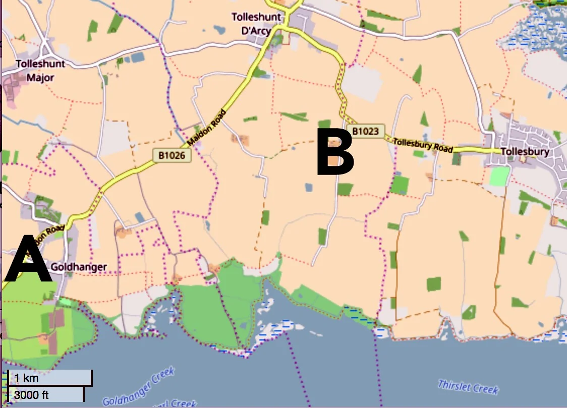 Cropped version of File:Head Street, Goldhanger, to White House Farm, Tolleshunt D'Arcy.jpg
Head Street, Goldhanger (marked as A) and White House Farm, Pages Lane, Tolleshunt D'Arcy, Essex (marked as B).