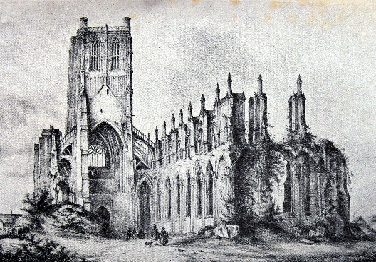 Litohgraphie representing the ruins of the church of Saint-Bertin, in Saint-Omer (city of northern France), circa 1850, by Mr. lithographer Ulysses Delhom, Artist-Painter from the "audomarois" (country of St Omer) (1821-1897)