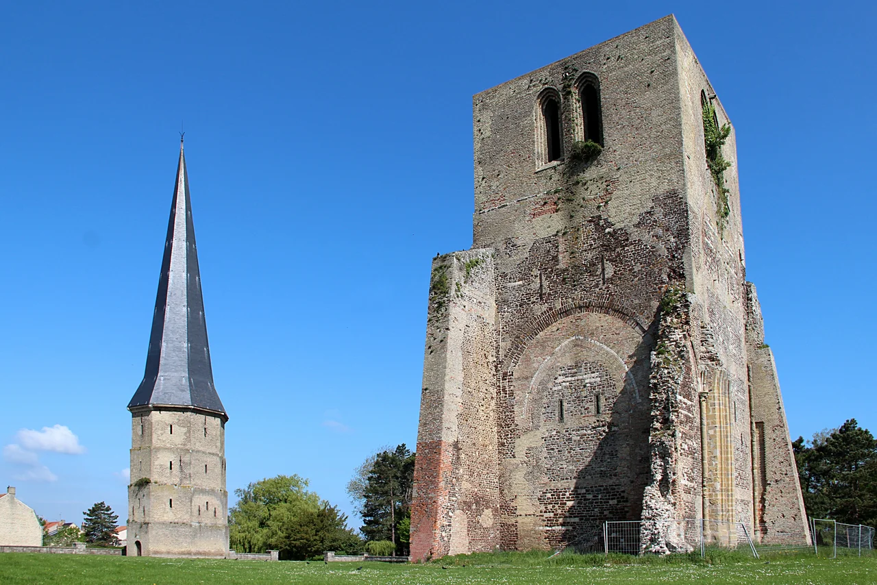 Towers of the former Saint-Winoc abbey built, destroyed and rebuilt between the 13th and 18th centuries in: Bergues (Nord department, France).