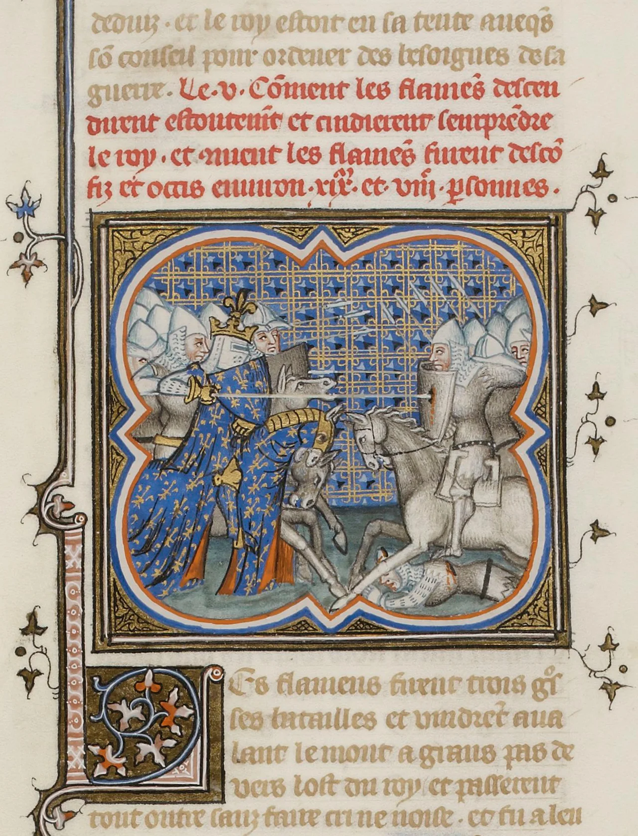 Bataille de Cassel (1328). Enluminure des Grandes Chroniques de France, XIVe siècle. Paris, Bibliothèque nationale de France, Département des manuscrits, Français 2813, folio 355 verso.