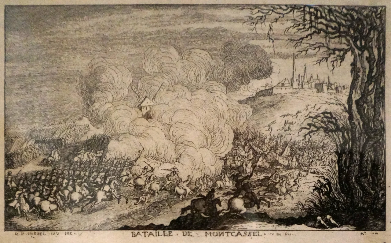 Troisième bataille de Montcassel ou Bataille de Peene en 1677. Simon Lamoral Le Pippre de Noeufville: Abrégé chronologique et historique de l'origine, du progrès et de l'état actuel de la maison du roi et de toutes les troupes de France, tant d'infanterie que de cavalerie et dragons... avec des instructions pour servir à leur histoire et un journal historique des siéges, batailles... où ces corps se sont trouvés... ..avec des instructions pour servir à leur histoire et un journal historique des siéges, batailles... où ces corps se sont trouvés... par Mr. Simon Lamoral Le Pippre de Noeufville, Bd. 2, Liège: E. Kints 1734, p. 163.