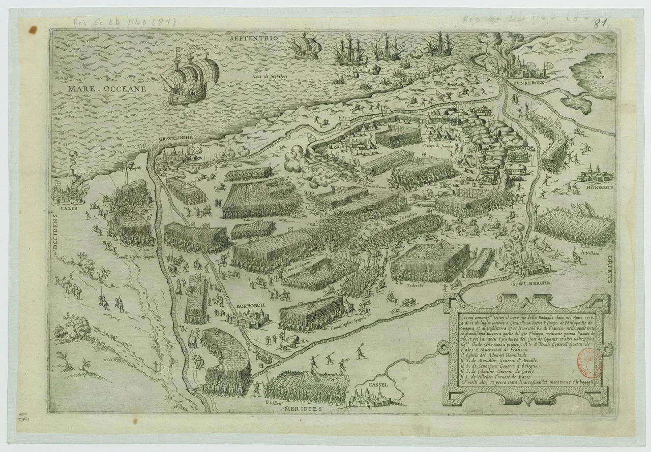 Sujet : Bataille de Gravelines (1558)
Théâtre de la guerre
Gravelines -- Batailles
Couverture : France– Hauts-de-France – Nord
Langue : italien

Éditeur : [s.n.]