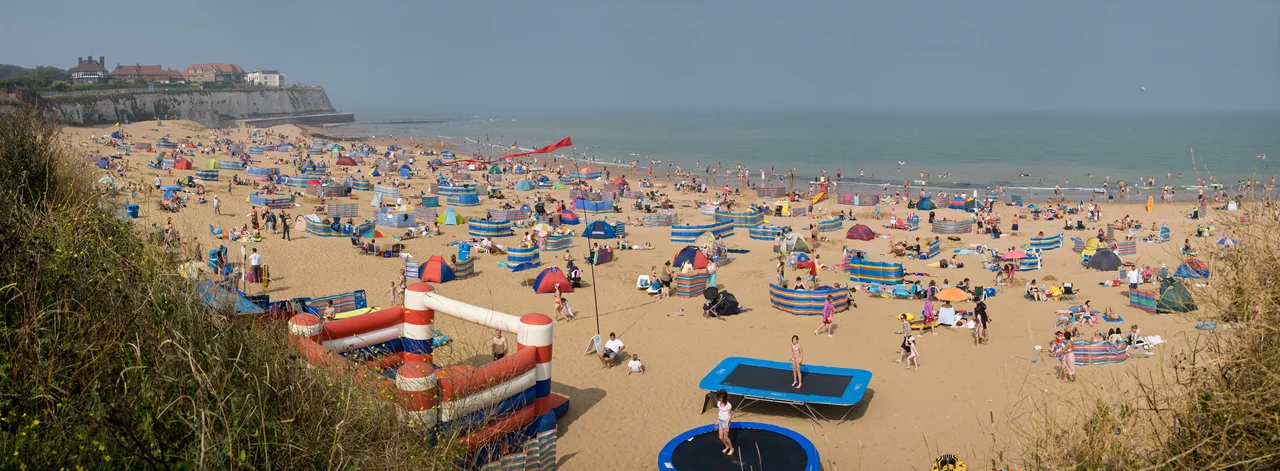 A sunny August day at the beach at Joss Bay, a rural beach not far from Broadstairs in Kent, England.
