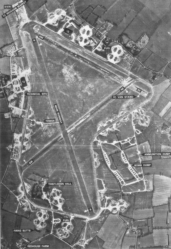 Aerial photograph of Debach Airfield, England.