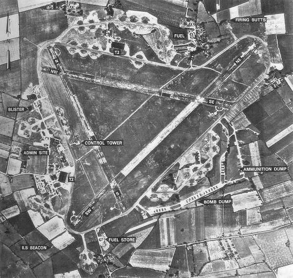 Aerial photograph of Deopham Green Airfield, England.