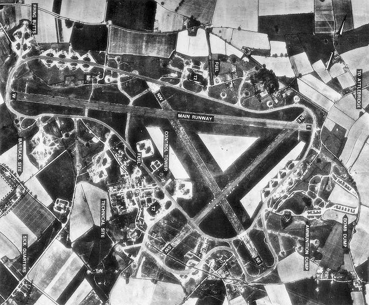 Aerial photograph of Attlebridge Airfield, England.
