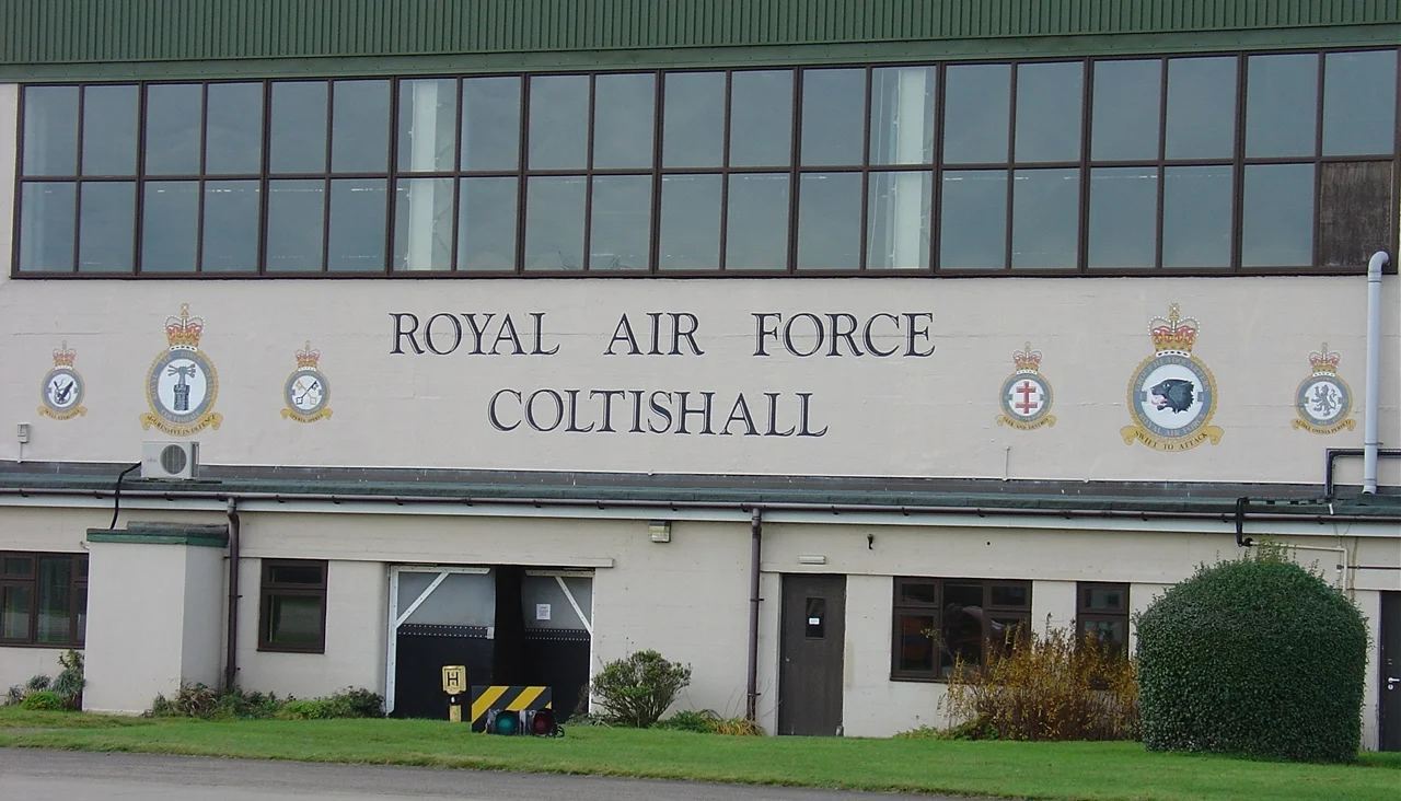 Image of the various badges painted on the central aircraft hangar. These depict the final 'full capacity' status of RAF Coltishall. From left to right: No. 6 Squadron RAF, RAF Coltishall station badge, No. 16 Squadron RAF, No. 41 Squadron RAF, No1 Group Headquarters RAF, No. 54 Squadron RAF.
I personally took this digital photograph. I submit it freely for use on Wikipedia, and educational purposes.
