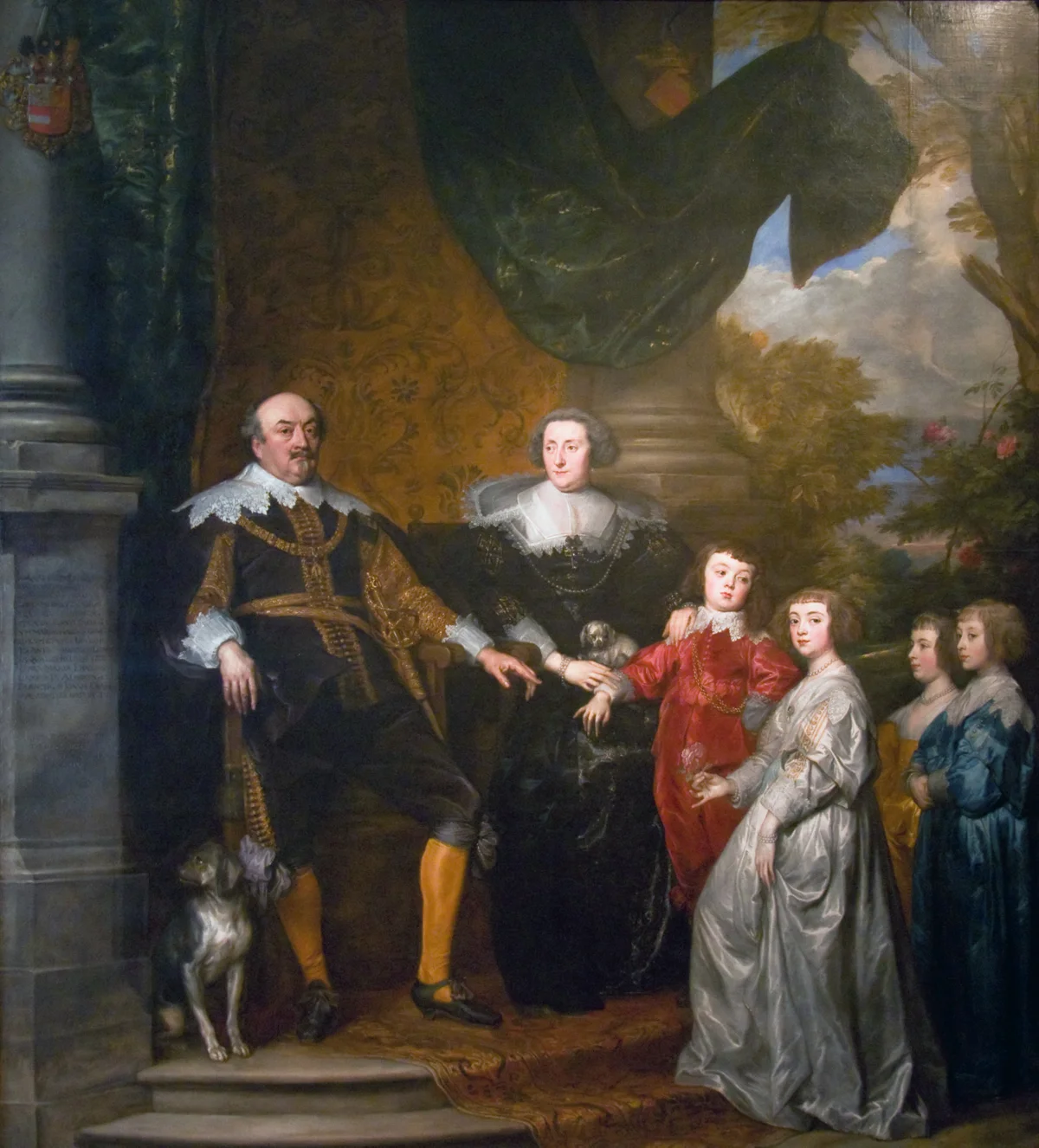 Jan VIII 'the Younger', count of Nassau-Siegen with his family 
oil on canvas
292 x 264 cm
inscribed b.l.: IOANNES COMES DE NASSAV / CATZENEILENBOGEN VIANDEN / DIETZ , &amp; EQVES AVREI VELLER/IS, CAPITAN EVS GENERALIS / EQVITATVS REGII IN BELGIO / ET CÆCAREORVM EXERCITVS / VM MARECHALLVS GENERA / LIS: CVM COIVGE ERNESTINA / YOLANTA PRINCIPE DE LIGNE &amp;c / EX QVA ILLI HI LIBERI SCLT: / CLARA MARIA ERNESTINA / LAMBERTA ALBERTA. ET / FRANCISCVS IOANNES NASSA/VIÆ. COMITES NATI SVNT: QVORVM MEMORIÆ HÆC / TABVLA DEDICATA EST / ANNO CHRISTI M.DC./ XXXIV
1634