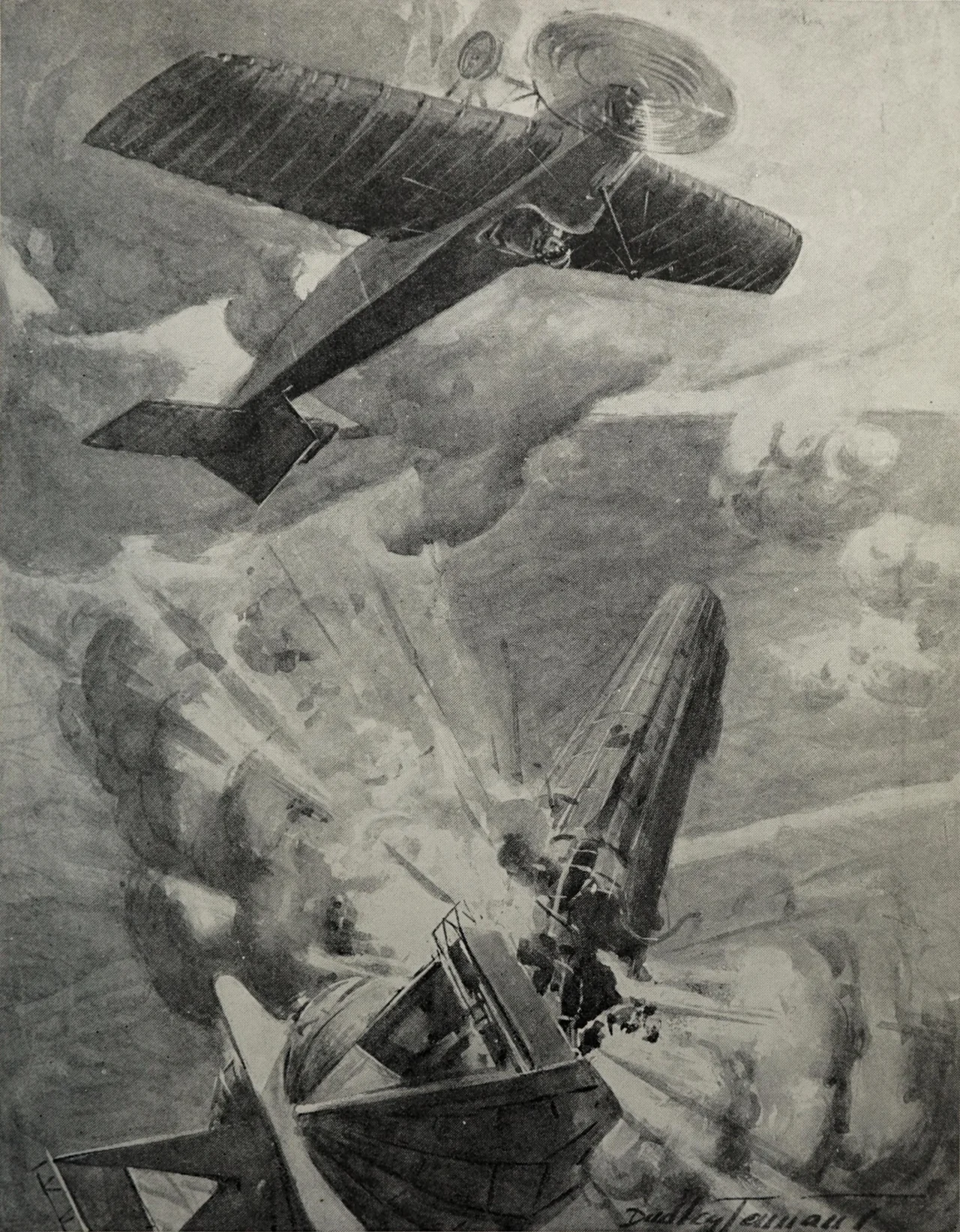 An artist's impression of the destruction of German Zeppelin LZ37 by Sub-Lieutenant Reginald Warneford on 7 June 1915.
Drawing from The War Illustrated, 19 June 1915. Caption reads:
The Great Aerial Exploit of Lieut. Warneford: For skill and daring the magnificent exploit of Flight Sub-Lieut. Warneford, V.C., has rarely been equalled. While flying at a great height between Bruges and Ghent he encountered a Zeppelin. Quickly rising above it, he swooped down and launched bombs on the massive airship. A loud explosion followed, and the Zeppelin caught fire and fell to earth. The explosion caused the British machine to turn several somersaults, during which the petrol escaped from the rear tank and the pilot had to descend in the German lines. He managed to refill the empty tank, restart his engine, soar again into the air, and return safely to the British lines. Within thirty-six hours after his heroic deed the King had conferred the V.C. on the young aviator.