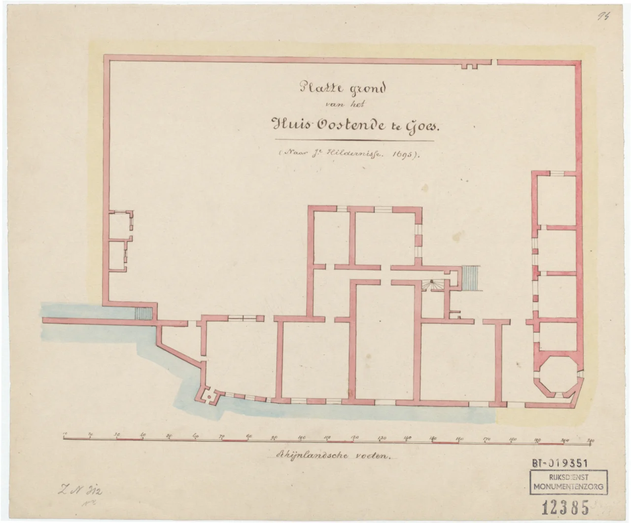 Oostende Castle in Goes by Hildernisse. This is a copy of the work that Hildernisse made in 1695.
Note that Hildernisse or his copyist had a strong tendency to regularize buildings. I.e. draw an angle at 90 degrees, even its obviously not the case.