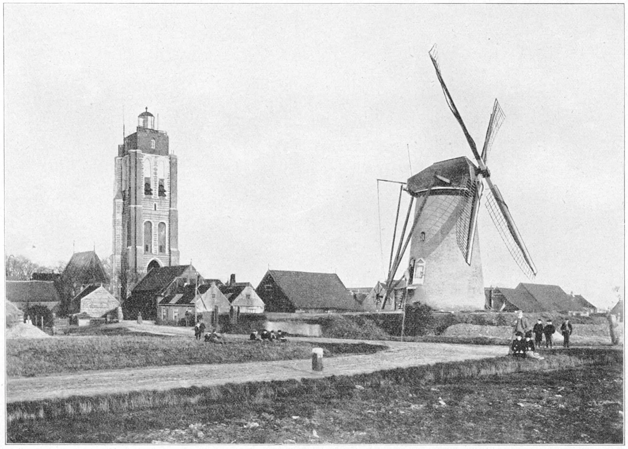 The tower and windmill of Goedereede, Netherlands.
The picture is scanned from a magazine "Op de hoogte, maandschrift voor de huiskamer" from 1910, but the picture itself might be taken in 1909.
The photographer is "H.L. Vogel", and he was photographer and was publisher in Goedereede.

He has made more photo's from the same spot in other years.