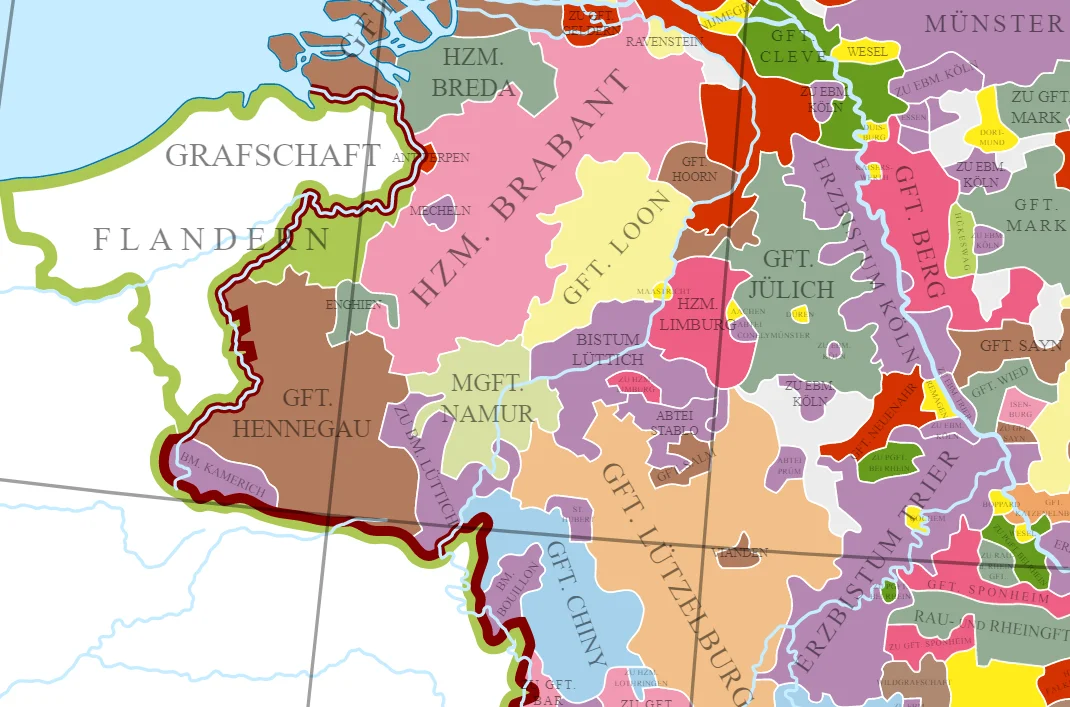 Flanders Brabant Hainaut Loon Liège Limburg Jülich Cologne Berg Namur Chiny Luxemburg (Lützelburg) Trier and other lands in the Holy Roman Empire around 1250, in the Hohenstaufen era.