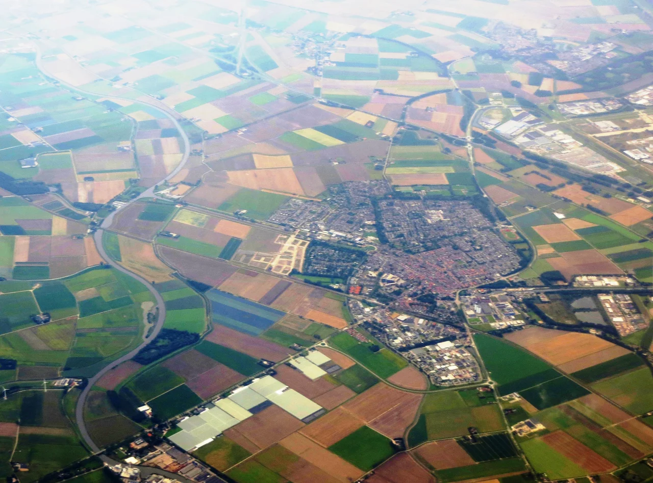 Aerial view from the east towards west, of the southern part of Holland - just southeast of Rotterdam metropole.