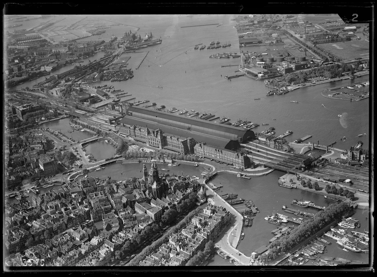 Aerial photograph of Amsterdam, The Netherlands. Amsterdam Central station.