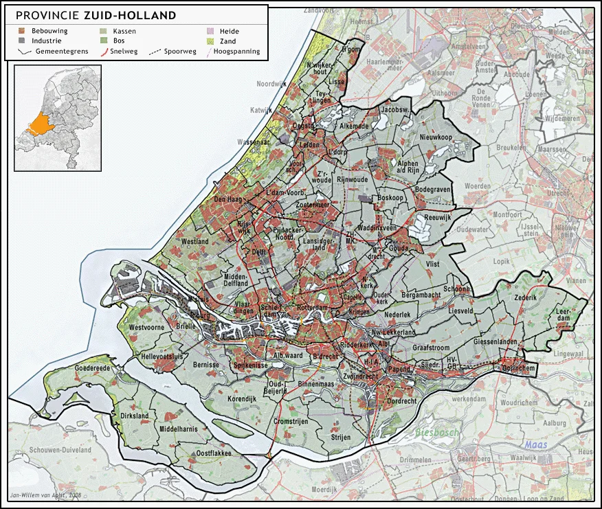 Provincie Zuid-Holland (2008) met indeling van gemeenten en impressie van het landschap.