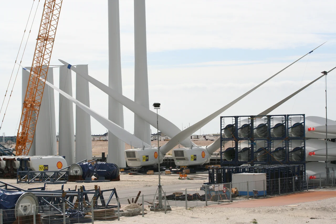 Wind turbines under construction. This will be place app. 20 km from the Dutch coast (Egmond aan Zee offshore wind farm).
