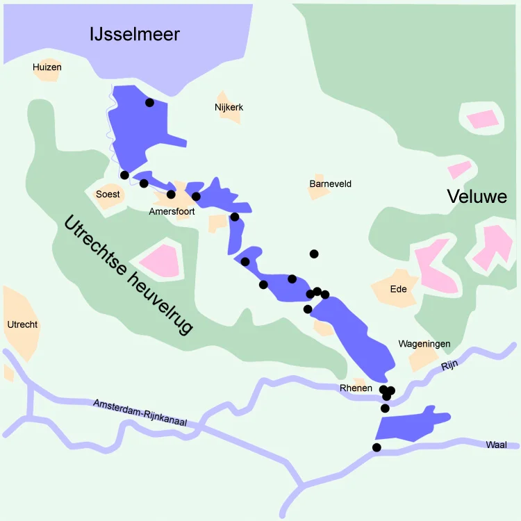 "Grebbelinie" (military defensive line) in the Netherlands. The line was used during the German invasion in may 1940 WWII although the inundation areas could not be flooded because the pumping station wasn't finished yet.
Disclaimer: The exact location of the forts and inundation areas may differ from reality to a slight extent.

Made by Niels Bosboom.