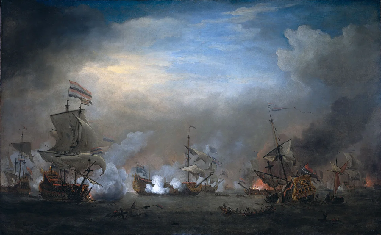 Battle of Texel August 21 1673 (Slag bij Kijkduin) - Nightly battle between Cornelis Tromp and Eward Spragg (Willem van de Velde II, 1707).jpg