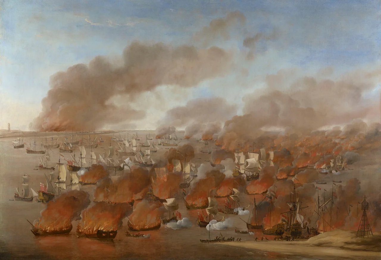 Willem van de Velde the Elder (1611-93) - 'Holmes's Bonfire', the burning of Dutch Merchant Ships between Terschelling and Vlieland, 19th August 1666 - RCIN 406560 - Royal Collection.jpg