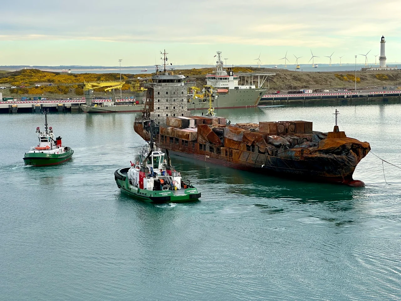 Cargo ship Solong arrives in the Aberdeen South Harbour early on March 28th, 2025.