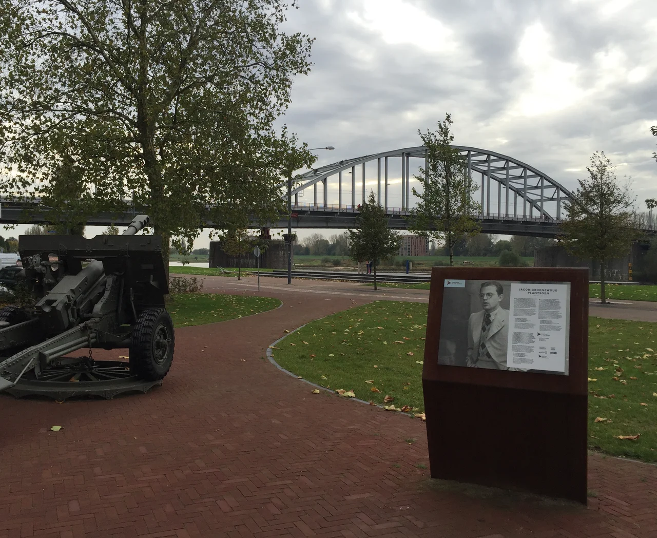 Aerial view of the bridge over the Neder Rijn, Arnhem; British troops and destroyed German armoured vehicles are visible at the north end of the bridge. Had General Montgomery's ambitious scheme for seizing the Rhine bridges succeeded, the war in Europe might have been shortened by many months. In the event, however, back-up forces were unable to come up quickly enough to enable the advanced airborne troops to hold the strategically vital bridge at Arnhem.
