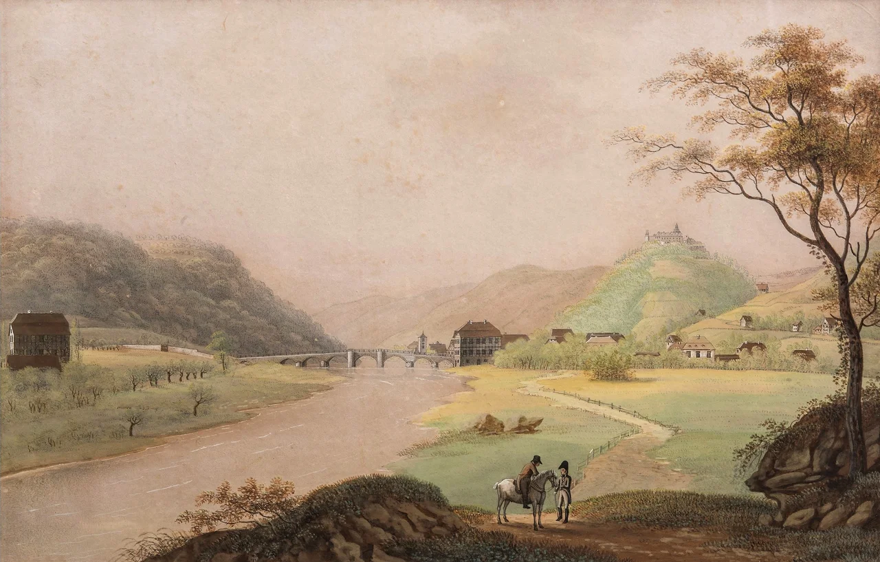 Das Lennetal bei Limburg. Gemälde/Gouache ca. 1805–1811 von Johann Heinrich Bleuler der Ältere. – Links von der Lenne sieht man den Küchenhof des Klosters Elsey, rechts an der Bogenbrücke von 1796 den Bentheimer Hof. Weiter hinten den noch niedrigen Turm der Reformierten Kirche. Rechts oben über Limburg das Schloss. – Herkunft/Rechte: Stadtmuseum Hagen / Heike Wippermann (RR-R).