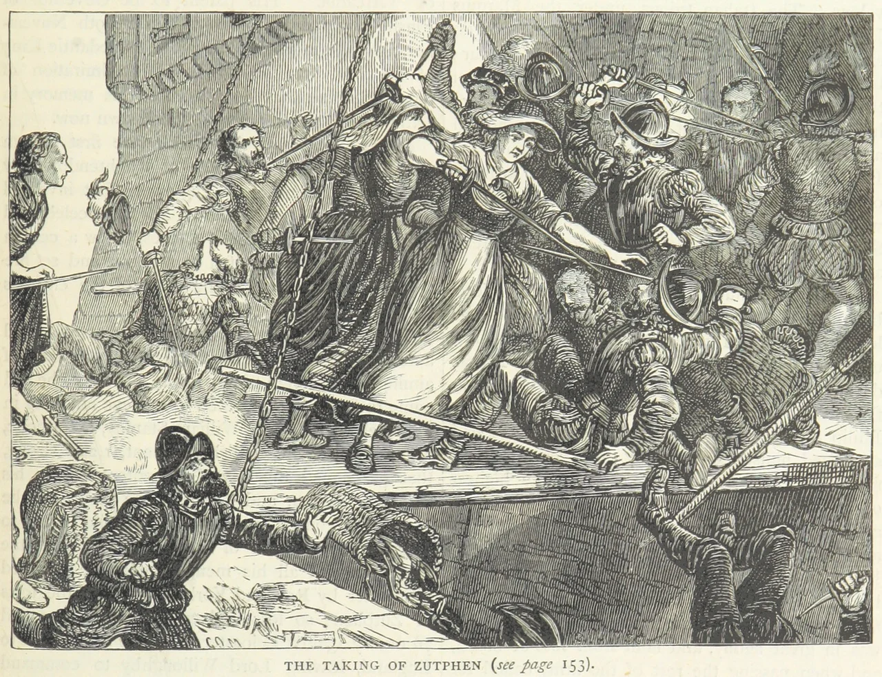 The taking of the west sconce during the Siege of Zutphen in 1591. The figures in women's clothing are disguised English soldiers.