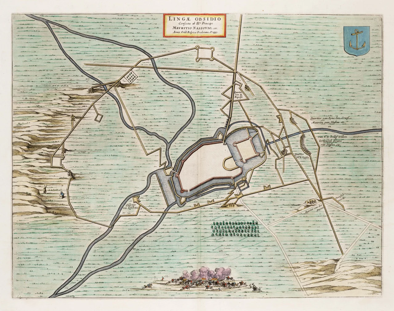 This maps depicts siege of the German town Lingen by a Dutch army led by Prince Maurits. The fortress is surrounded by army troops and siege machines. The map was included in the first volume of Joan Blaeu's (1698-1673) Town Books of the Netherlands which was dedicated to the Northern Netherlands.