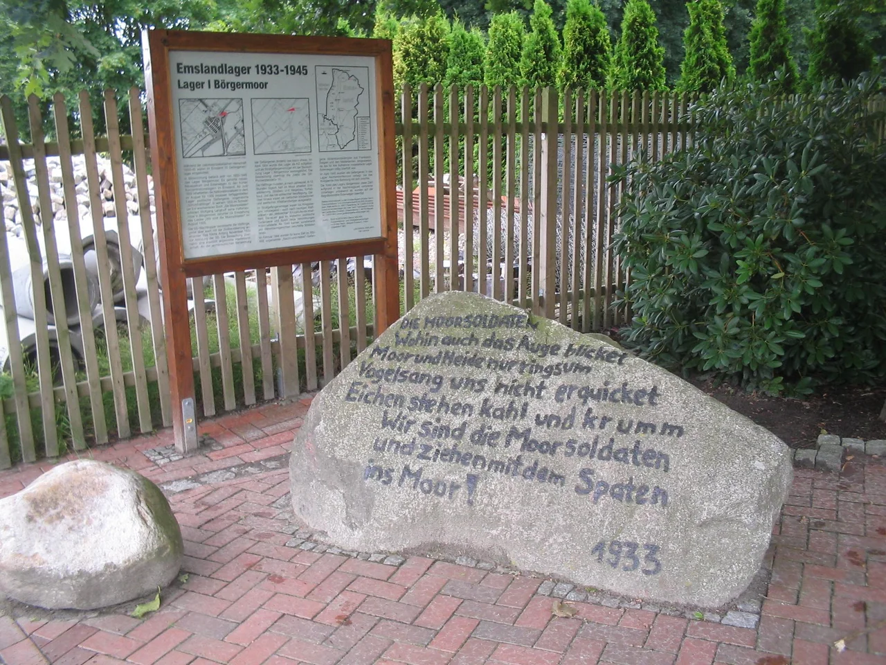Former memorial at the entry site of the former Nazi concentration camp Börgermoor at Surwold, near Papenburg, Emsland, Germany. The text on the stone is from the prisoner-composed song "Moorsoldaten" - known in English as "The Peat-Bog Soldiers"