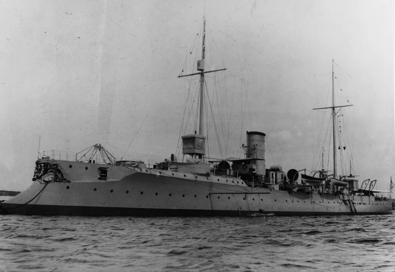 The German aviso SMS Hela in her original configuration, photographed by A. Renard, Kiel, 1899.