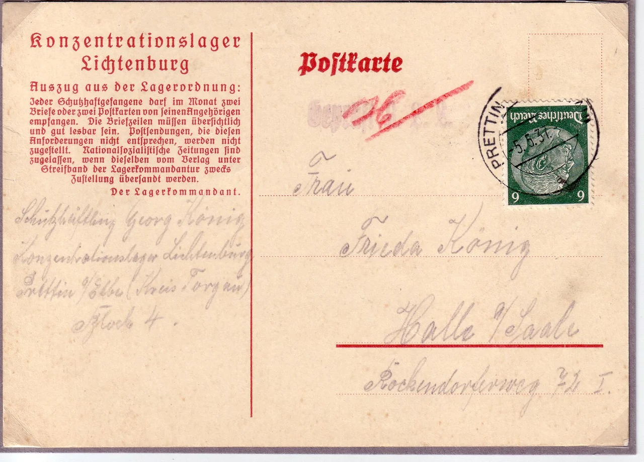Postkarte eines Häftlings aus dem KZ Lichtenburg bei Prettin, Kr.Torgau von 1937
Poststempel: "Prettin (Kr.Torgau), 5.5.1937