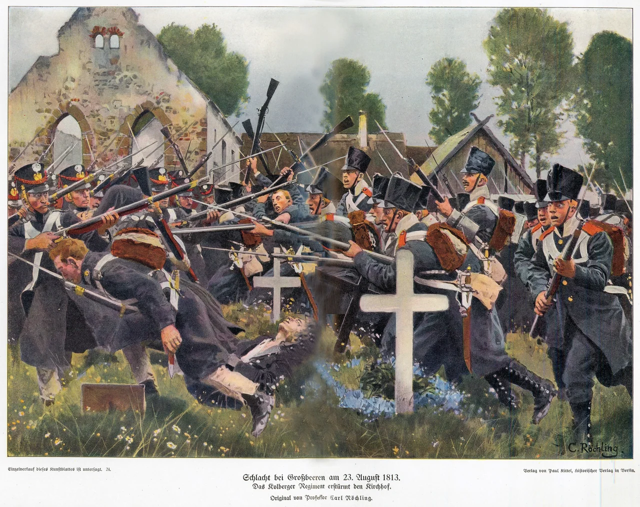 Gemälde der Schlacht bei Großbeeren am 23. August 1813.Anmerkung: Im Hintergrund ist die Feldstein-Dorfkirche von Großbeeren zu sehen, die allerdings bereits im Siebenjährigen Kriege 1760 durch russische Truppen zerstört worden war und nun noch mehr litt. Zum Andenken an die Schlacht ließ der preußische König Friedrich Wilhelm III. 1818-20 durch Karl Friedrich Schinkel an ihrer Stelle eine neogotische Kirche errichten.
Im Buch geht die Abbildung über beide Seiten, so dass beim Scan ein Schattenwurf in der Mitte (Buchfalz) unvermeidbar war, der mit Photoshop zu mildern versucht wurde.