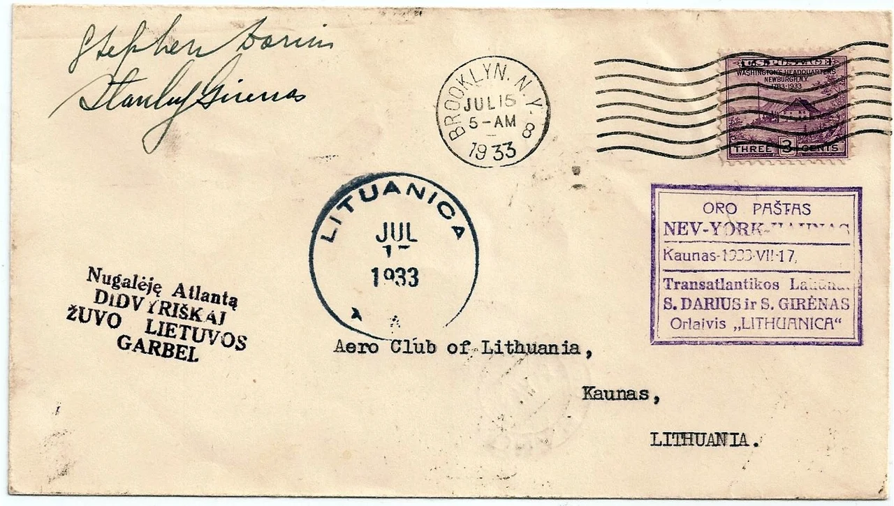 Flight cover autographed by pilots Steponas Darius & Stasys Girenas of the ill fated1933 Lituanica