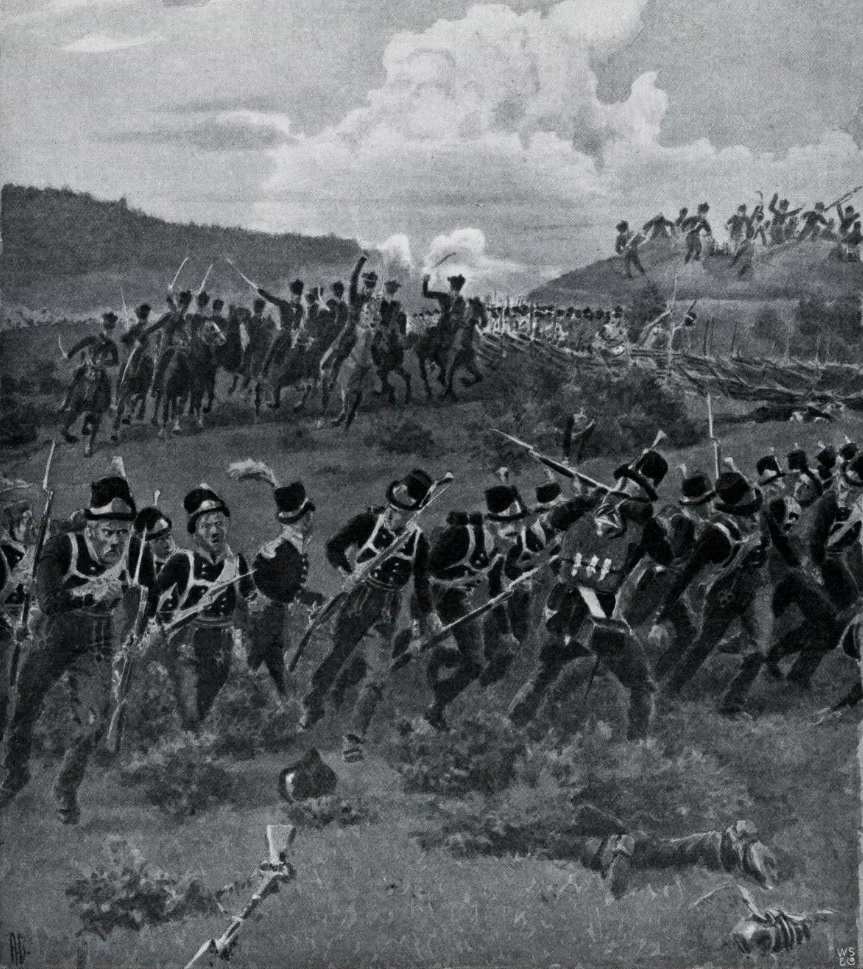The Battle of Lier during the Swedish–Norwegian War (1814); the Swedish infantry, from the Västerbotten regiment, is pursued by cavalry, after a failed attempt to storm the Norwegian entrenchments at Lier.