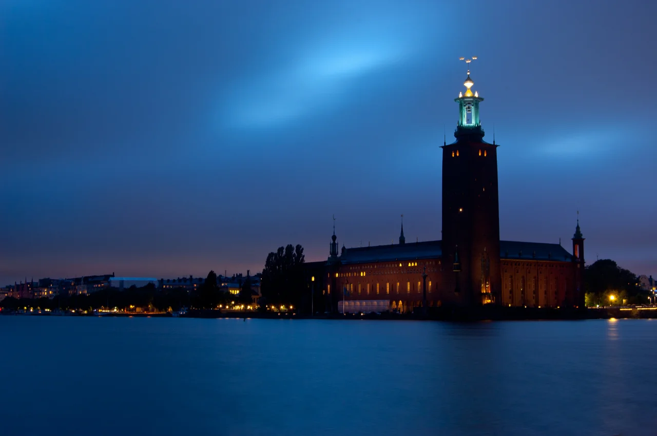 City Hall (Stadshuset) of Stockholm at sunset.